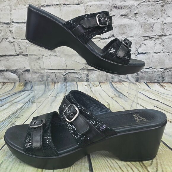 Dansko Jessie Sandals Women’s 41 Black Lizard Leather Wedge Double Strap Slip-On - Picture 2 of 9